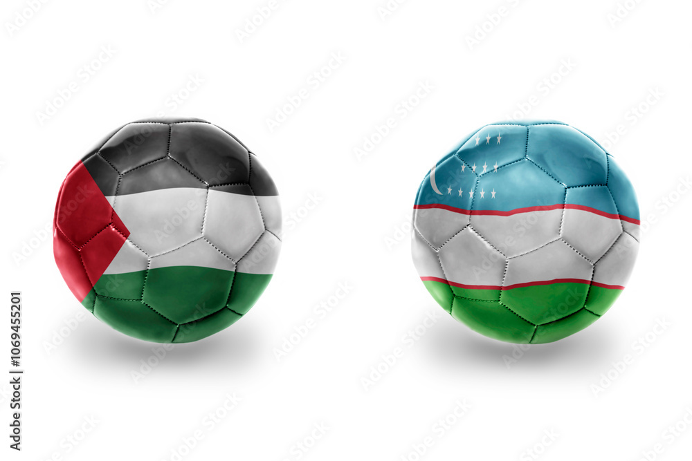 Fototapeta premium football balls with national flags of uzbekistan and palestine ,soccer teams. on the white background.