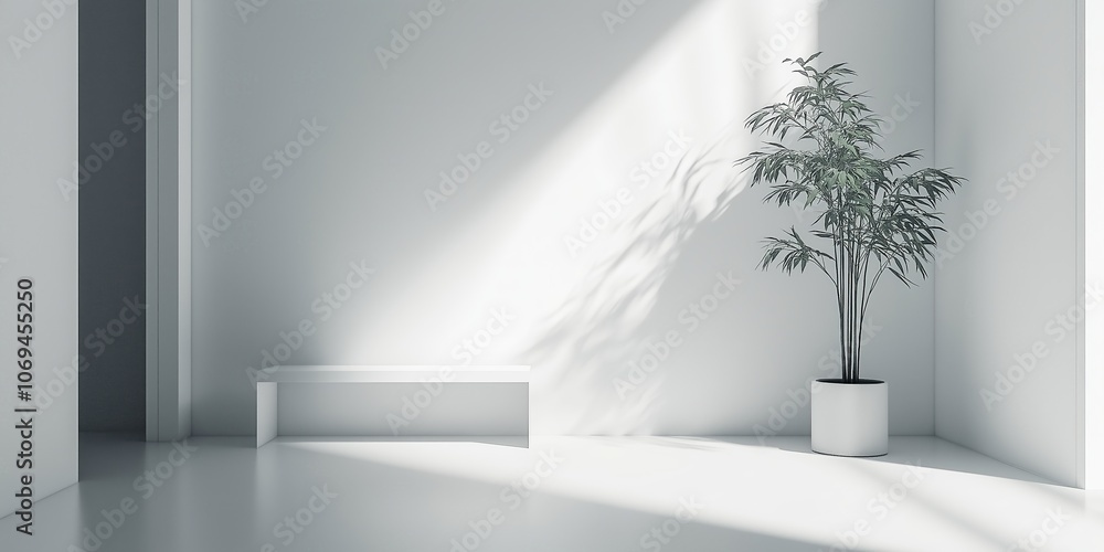 Minimalist scandinavian hallway with white walls and bench illuminated by sunlight Minimalist scandinavian hallway with white walls and bench illuminated by sunlight