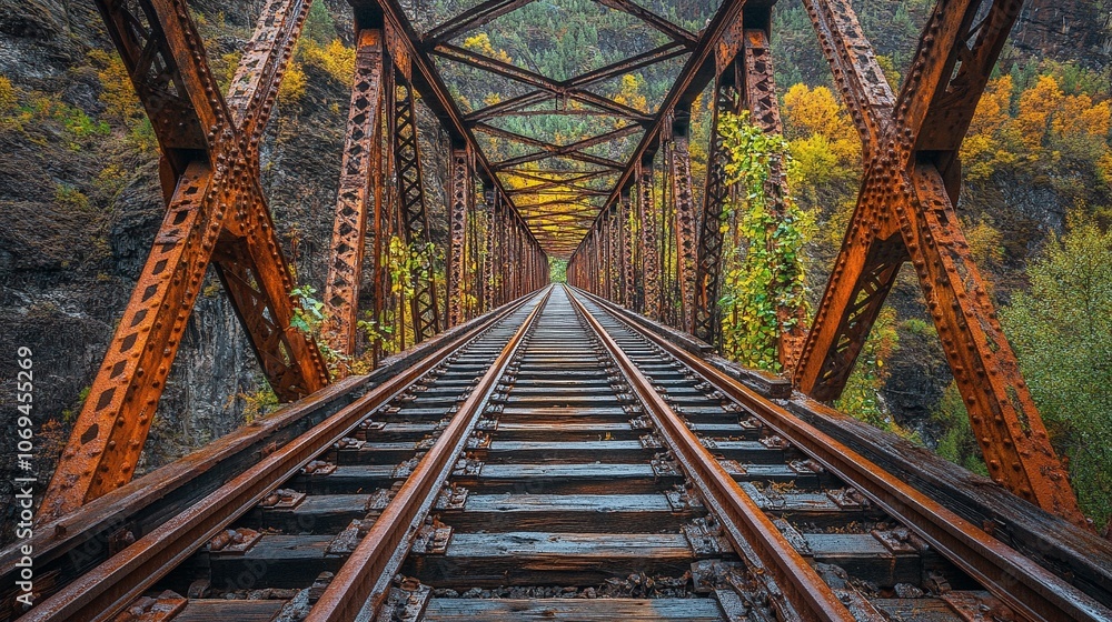 Fototapeta premium Old Railway Bridge Over Gorge with Rusted Tracks and Vines