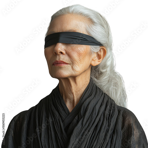 White elderly woman with blindfold on transparent backgroung, png file, no background
