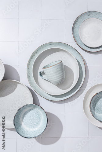 Top view showcasing an elegant array of ceramic tableware