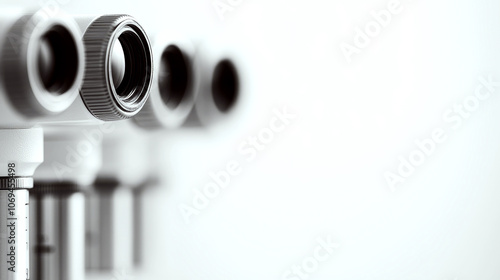 Lenses of a microscope are shown in a close-up, aligned in a row. Concept of scientific research and precision equipment.
