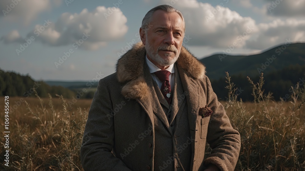 A distinguished gentleman stands in a golden field under a cloudy sky, enjoying nature's tranquility A distinguished gentleman stands in a golden field under a cloudy sky, enjoying nature's tranquility