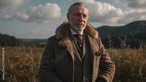 A distinguished gentleman stands in a golden field under a cloudy sky, enjoying nature's tranquility