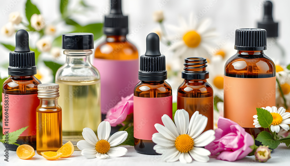 Assortment of organic essential oils. Natural moisturizing body and face treatment. Rose, camomile extract for healthy young skin. Relaxation, aromatherapy, salon spa. Close up, macro view. Banner i Assortment of organic essential oils. Natural moisturizing body and face treatment. Rose, camomile extract for healthy young skin. Relaxation, aromatherapy, salon spa. Close up, macro view. Banner i