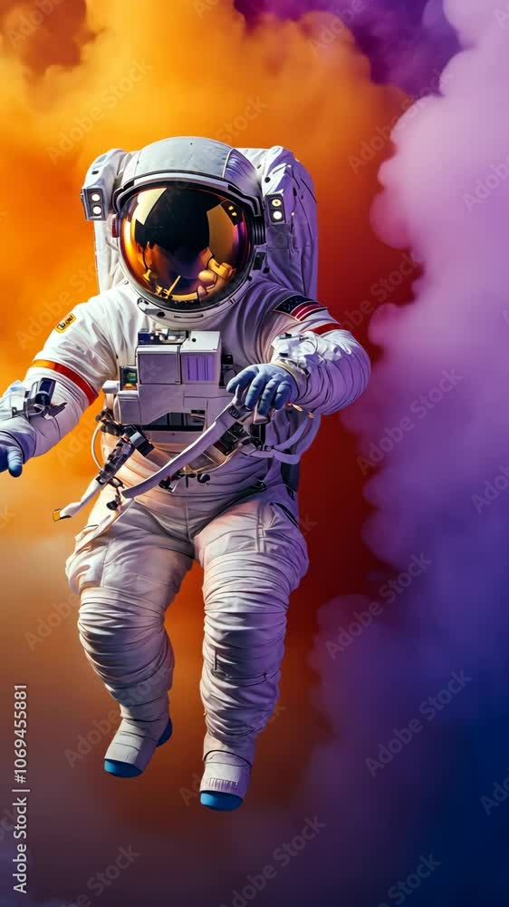Astronaut floating through colorful nebula clouds Astronaut floating through colorful nebula clouds