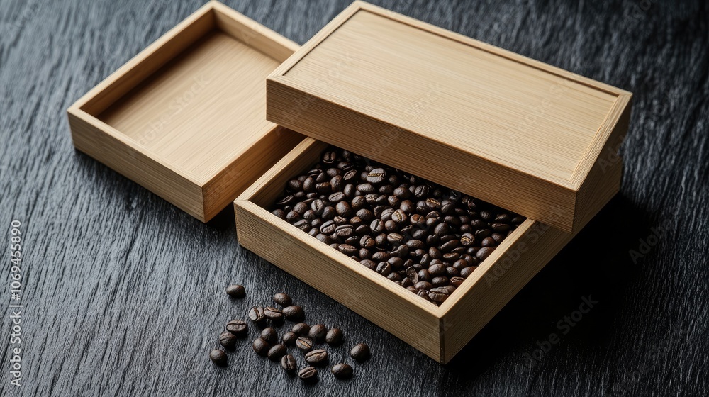 Coffee Beans in Wooden Box on Dark Surface Coffee Beans in Wooden Box on Dark Surface