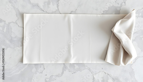 Folded tablecloth at stone or marble surface of table. Top view as panorama of cloth napkin texture background isolated with white highlights, png
