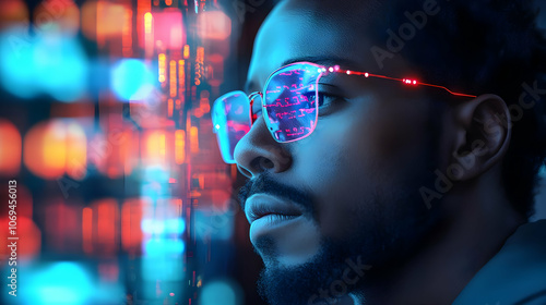 Wallpaper Mural Man Wearing Glasses with Code Reflection - Realistic Image Torontodigital.ca