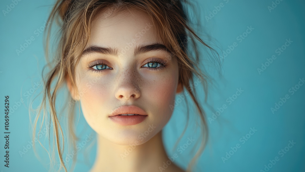 Close-Up Portrait of Woman with Freckles and Bright Blue Eyes Against Blue Background Close-Up Portrait of Woman with Freckles and Bright Blue Eyes Against Blue Background