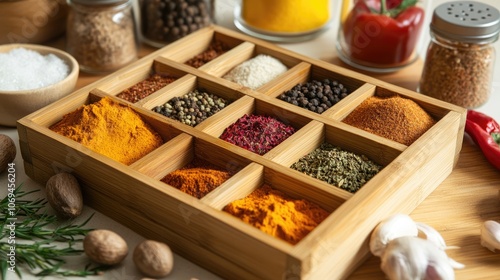 Vibrant Spice Collection in Wooden Tray photo