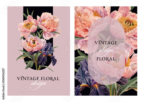 Vintage vector illustration with garden peony and iris flowers bouquet on a changeable background. Floral design template for wedding invitation, greeting card, notebook cover, flyer or certificate.