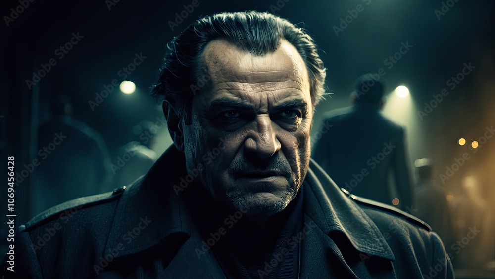 A stern man dressed in a trench coat stands confidently in a dimly lit urban setting A stern man dressed in a trench coat stands confidently in a dimly lit urban setting