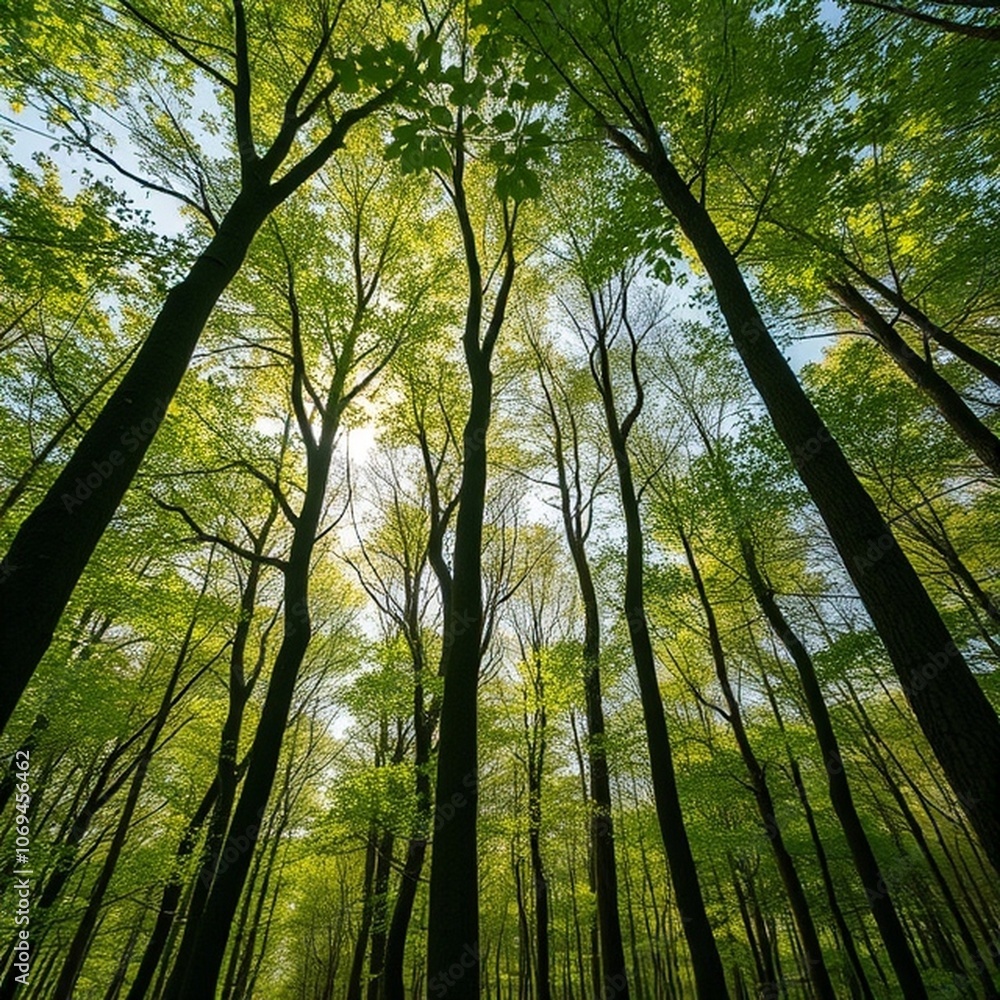 Obraz premium Tranquil Spring Forest with River and Towering Beech Trees