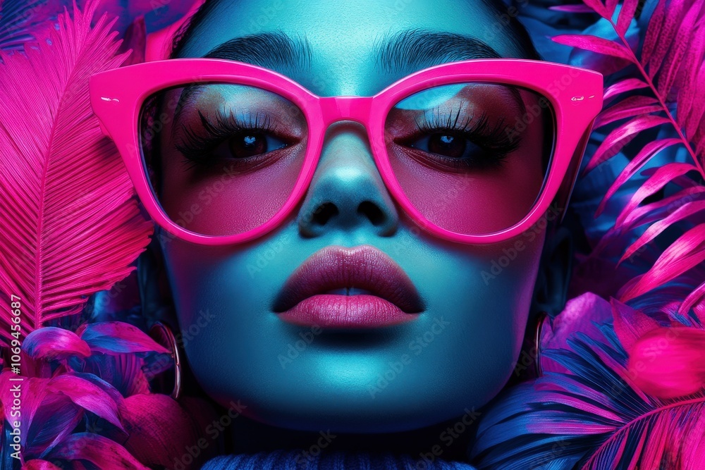 A striking artwork portraying a woman with vivid blue skin adorned with bold pink sunglasses, surrounded by lush pink foliage creating a vibrant contrast. A striking artwork portraying a woman with vivid blue skin adorned with bold pink sunglasses, surrounded by lush pink foliage creating a vibrant contrast.