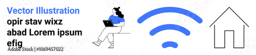 Woman sitting on bench with laptop beside wireless symbol and house outline. Ideal for remote work, digital nomads, connectivity, home office, internet, technology, and modern lifestyle. Landing page