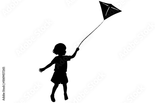 A child silhouette flying a kite, vector art illustration