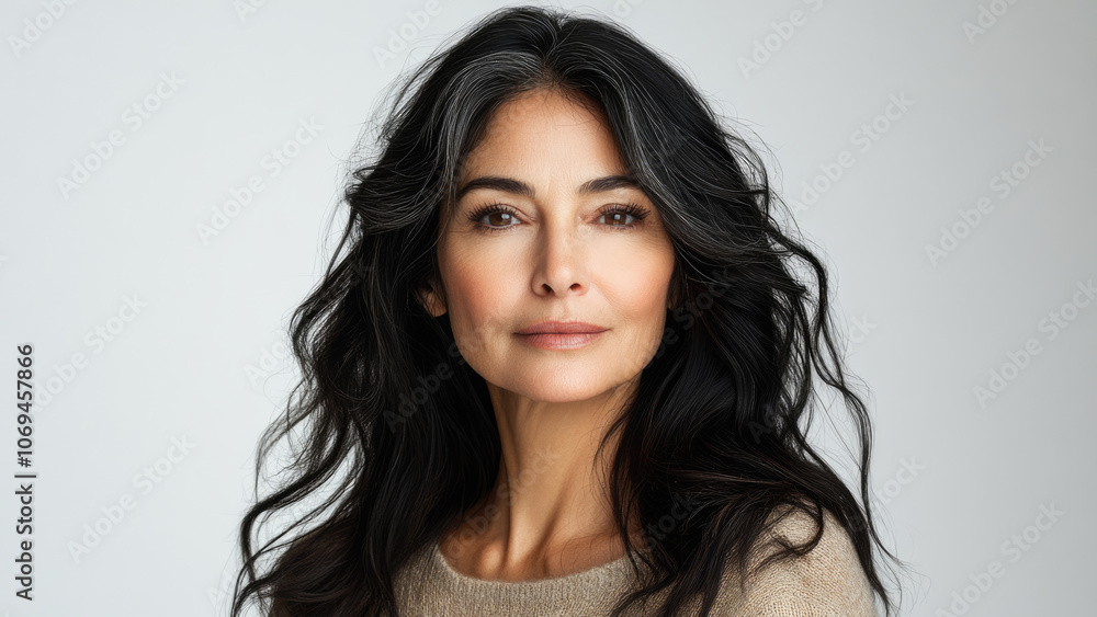 Natural Beauty of Woman with Dark Hair, Freckles, and Soft Gaze Natural Beauty of Woman with Dark Hair, Freckles, and Soft Gaze