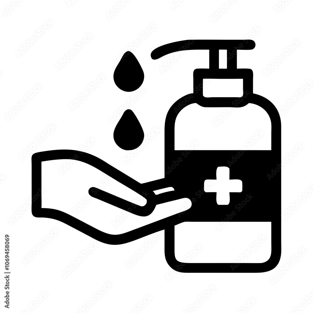 Icon of hand sanitizer bottle with hand on white background, minimalistic design, copy space Icon of hand sanitizer bottle with hand on white background, minimalistic design, copy space