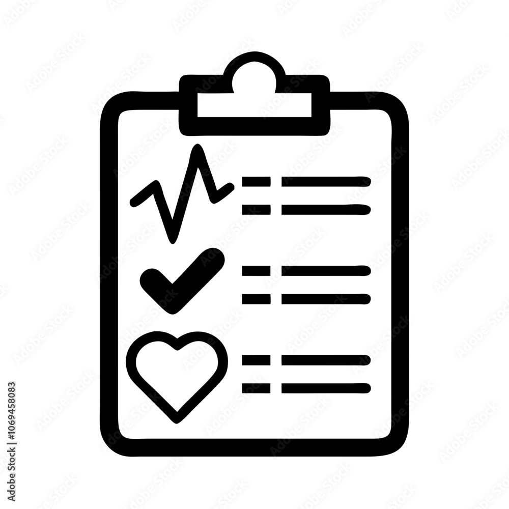 Icon of health check clipboard on white background, minimalistic design, copy space Icon of health check clipboard on white background, minimalistic design, copy space