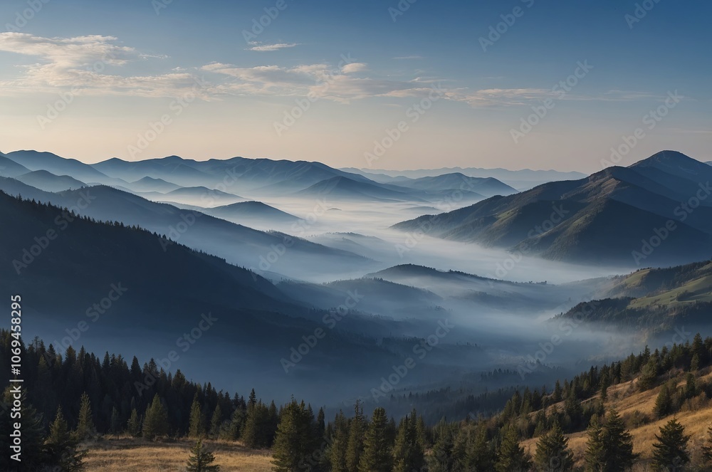Obraz premium Misty morning over rolling mountains with lush forests in a serene landscape
