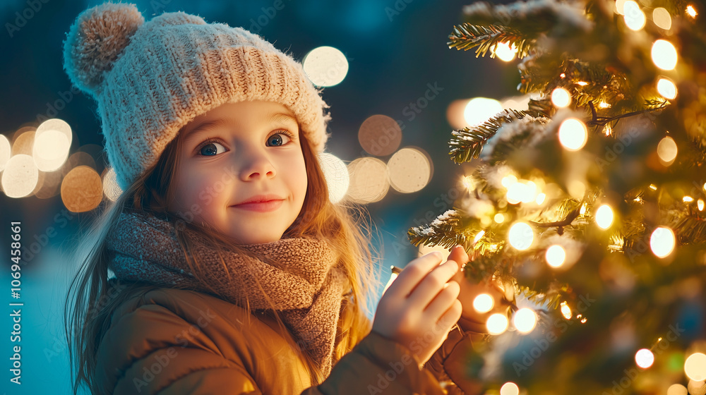 Outdoor Christmas Tree Decoration by Young Girl in Winter Clothing Outdoor Christmas Tree Decoration by Young Girl in Winter Clothing