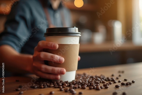 Hand holding to-go coffee cup, branded sleeve, steam rising, blurred cafe counter, coffee beans, warm tones, comfort, energy