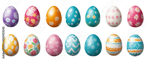 various painted Easter eggs isolated on transparent background