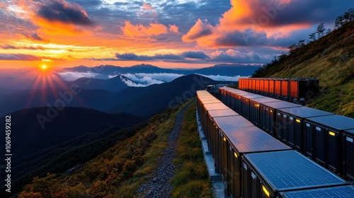 Rows of solar panels on a mountainside at sunset, capturing renewable energy, symbolizing sustainability, technological advancement, and environmental consciousness.