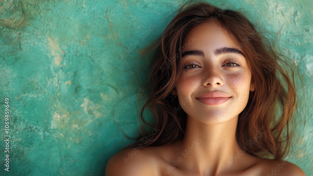 Smiling Woman with Natural Glow Against Rustic Teal Background Smiling Woman with Natural Glow Against Rustic Teal Background