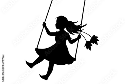 Silhouette girl plays swinging swing. Vector illustration