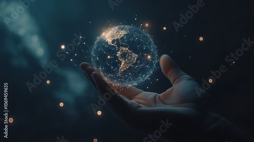 a hand holding an image of the earth and dots connected in a digital world photo