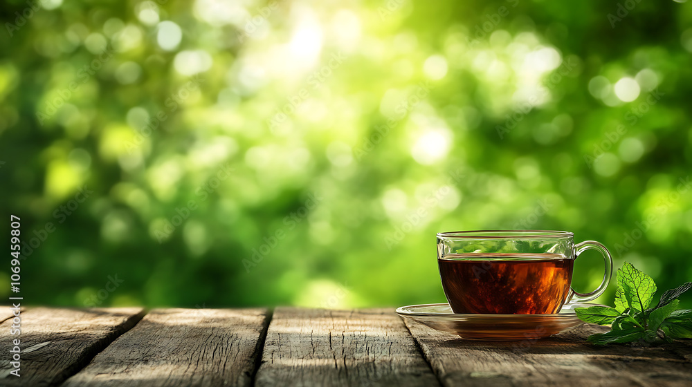 black tea with mint in glass cup on wooden table with green natural blurred background black tea with mint in glass cup on wooden table with green natural blurred background