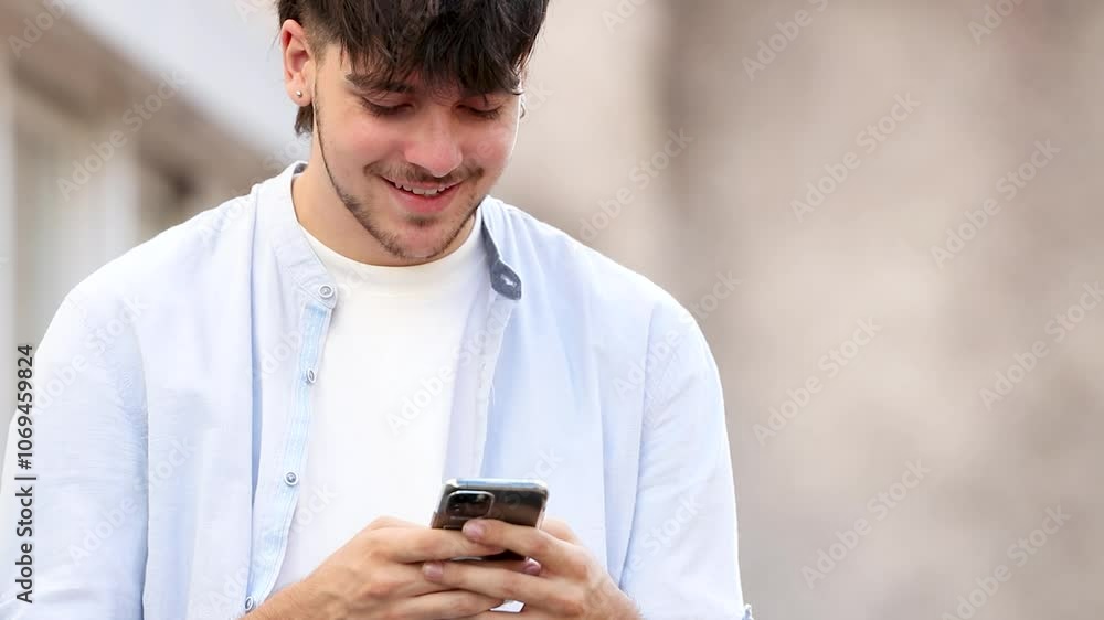 young man typing on mobile phone outdoors young man typing on mobile phone outdoors