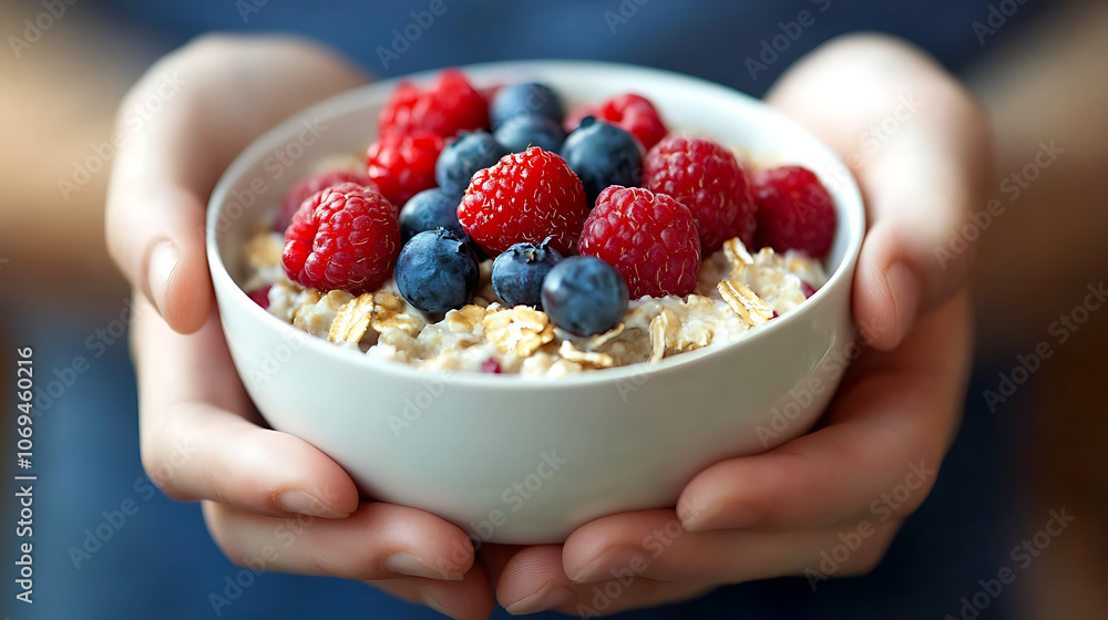 hands holding a bowl of oatmeal and berries hands holding a bowl of oatmeal and berries