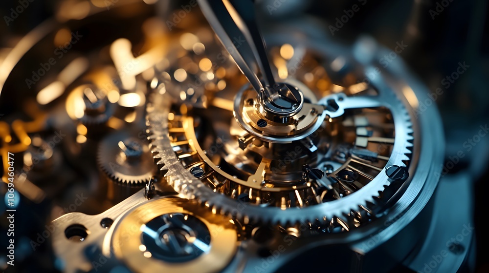 Fototapeta premium A close up of a watch with a tiny screwdriver in the middle of the dial. The watch is made of metal and has a gold finish. Concept of precision and craftsmanship