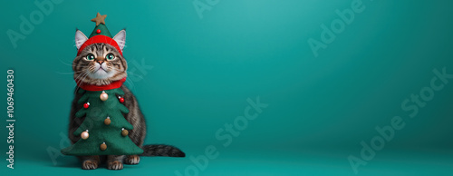 Cat in a Christmas tree costume on a green background photo