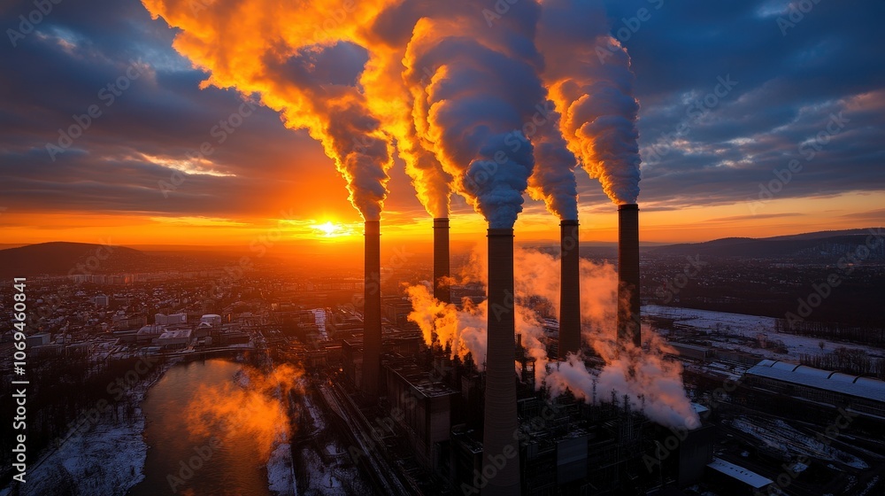 The vibrant sunset provides a dramatic backdrop to smoke-emitting towers of a power plant, creating a powerful juxtaposition of natural beauty and industrial presence. The vibrant sunset provides a dramatic backdrop to smoke-emitting towers of a power plant, creating a powerful juxtaposition of natural beauty and industrial presence.