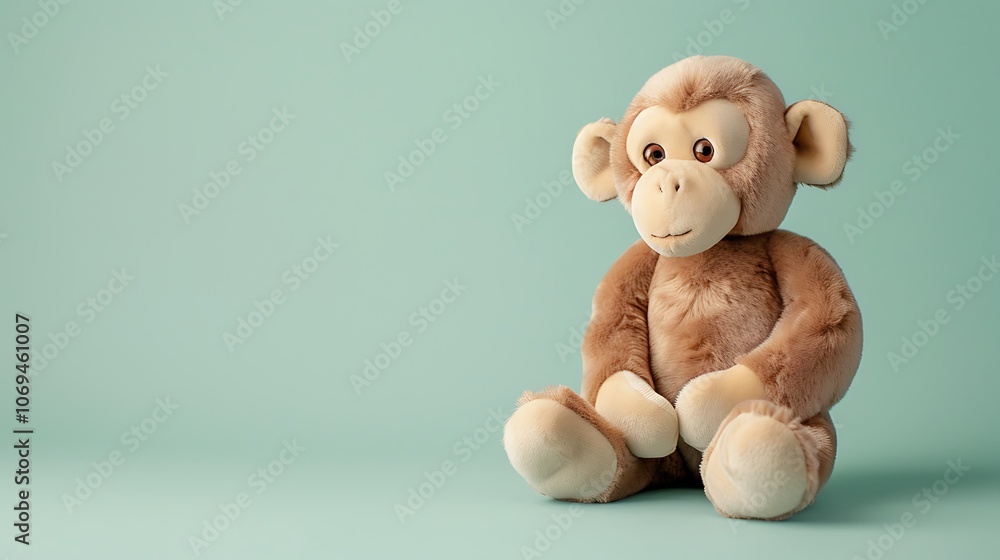 Minimalist 4K photo of a cute cuddly monkey plush on a pale green background with ample space around it showcasing a soft and adorable stuffed animal perfect for kids room decor Minimalist 4K photo of a cute cuddly monkey plush on a pale green background with ample space around it showcasing a soft and adorable stuffed animal perfect for kids room decor