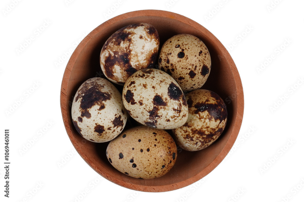 Quail eggs in a wooden bowl isolated transparent Quail eggs in a wooden bowl isolated transparent