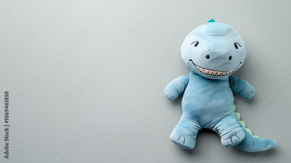A smiling plush dinosaur placed on a light gray surface with ample space for text perfect for kids toy product displays and playful decoration featuring a cute dinosaur toy in a soft 4K resolution A smiling plush dinosaur placed on a light gray surface with ample space for text perfect for kids toy product displays and playful decoration featuring a cute dinosaur toy in a soft 4K resolution