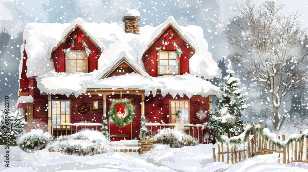 Cute house covered with snow Decorate with Christmas wreaths and festive decorations. Cute house covered with snow Decorate with Christmas wreaths and festive decorations.