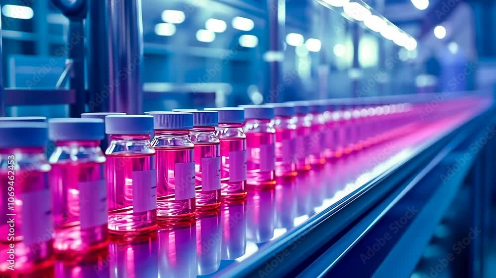 Rows of vibrant pink vials filled with liquid on a conveyor in a factory, highlighting modern pharmaceutical production under artificial blue light in a sterile environment, symbolizing innovation Rows of vibrant pink vials filled with liquid on a conveyor in a factory, highlighting modern pharmaceutical production under artificial blue light in a sterile environment, symbolizing innovation
