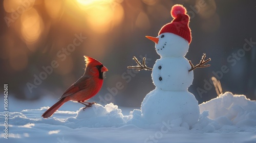 christmas festival Cheerful snowman and fellow cardinal photo