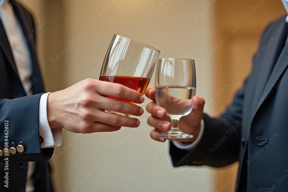 Close-up of hands clinking glasses in a business setting, one holding tumbler of amber liquid, other with glass of water, both in tailored suit jackets, blurred warm beige background suggesting Close-up of hands clinking glasses in a business setting, one holding tumbler of amber liquid, other with glass of water, both in tailored suit jackets, blurred warm beige background suggesting
