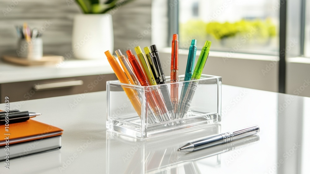 Colorful Pens in Clear Holder on Modern Desk Colorful Pens in Clear Holder on Modern Desk