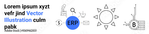 ERP in blue circle surrounded by icons shopping cart, blockchain, email. Ideal for business integration, e-commerce, blockchain, ERP systems, technology, digital marketing, data management. Landing