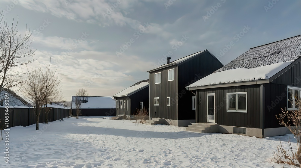 Modern black houses in a snowy landscape under a cloudy sky. Modern black houses in a snowy landscape under a cloudy sky.