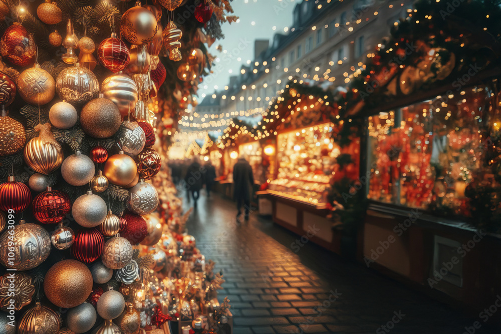 Festive Christmas market scene with shiny baubles in gold, red, and silver hanging from display. Miniature Christmas trees and reindeer figurines in foreground, blurred background holiday cheer Festive Christmas market scene with shiny baubles in gold, red, and silver hanging from display. Miniature Christmas trees and reindeer figurines in foreground, blurred background holiday cheer