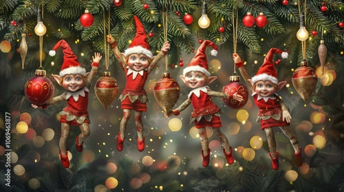 5 Christmas elves hanging on the Christmas tree with ornaments and lights, Christmas festival concept.